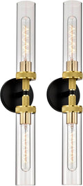LaLuLa 2-Pack Hardwired Black and Gold Bathroom Vanity Light Fixtures – Modern 2-Light Wall Sconces with Knurled Texture and Clear Glass Shades, Bathroom Lighting Fixtures Over Mirror, 25 Inch