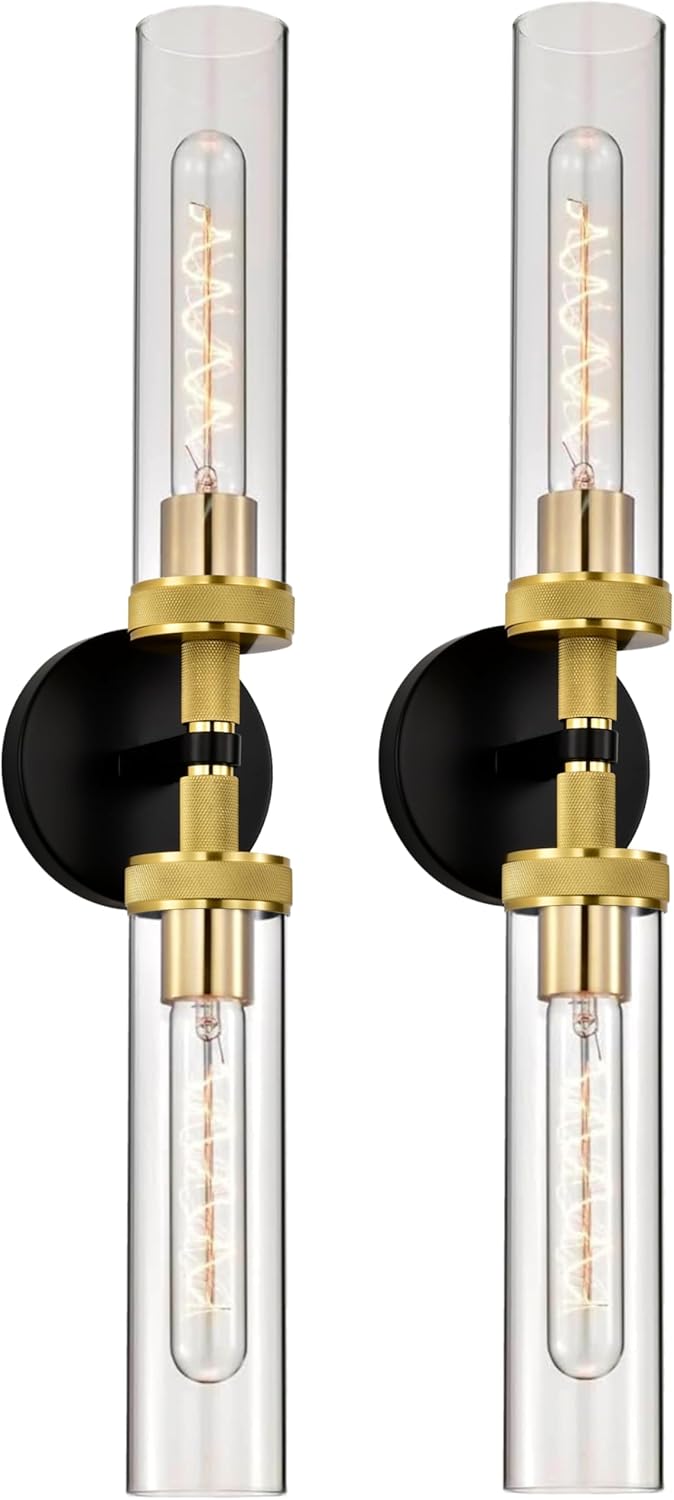 LaLuLa 2-Pack Hardwired Black and Gold Bathroom Vanity Light Fixtures – Modern 2-Light Wall Sconces with Knurled Texture and Clear Glass Shades, Bathroom Lighting Fixtures Over Mirror, 25 Inch