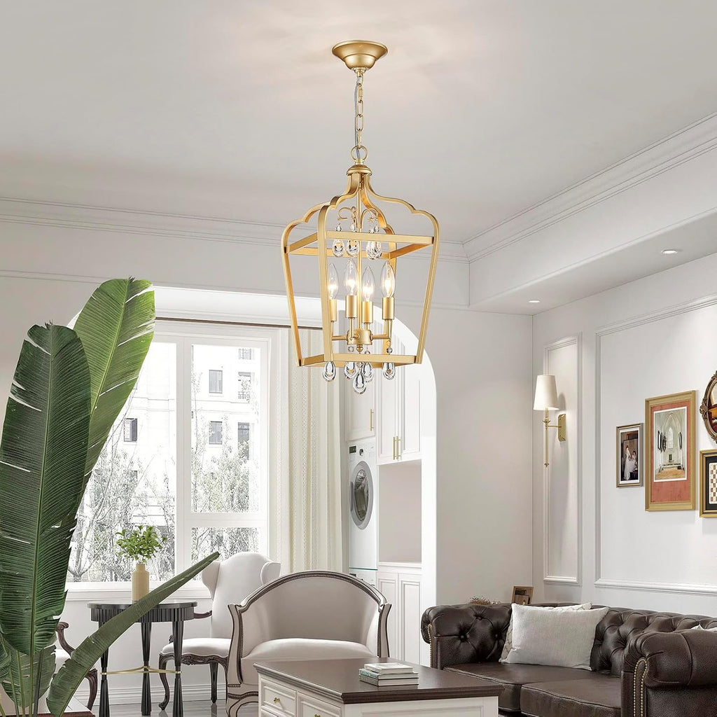 Gold Crystal Chandelier, 4-Light Modern Chandeliers for Dining Room Light Fixture Over Table Adjustable Height Hanging Farmhouse Pendant Light for Hallway Entryway Living Room Kitchen Island Bedroom
