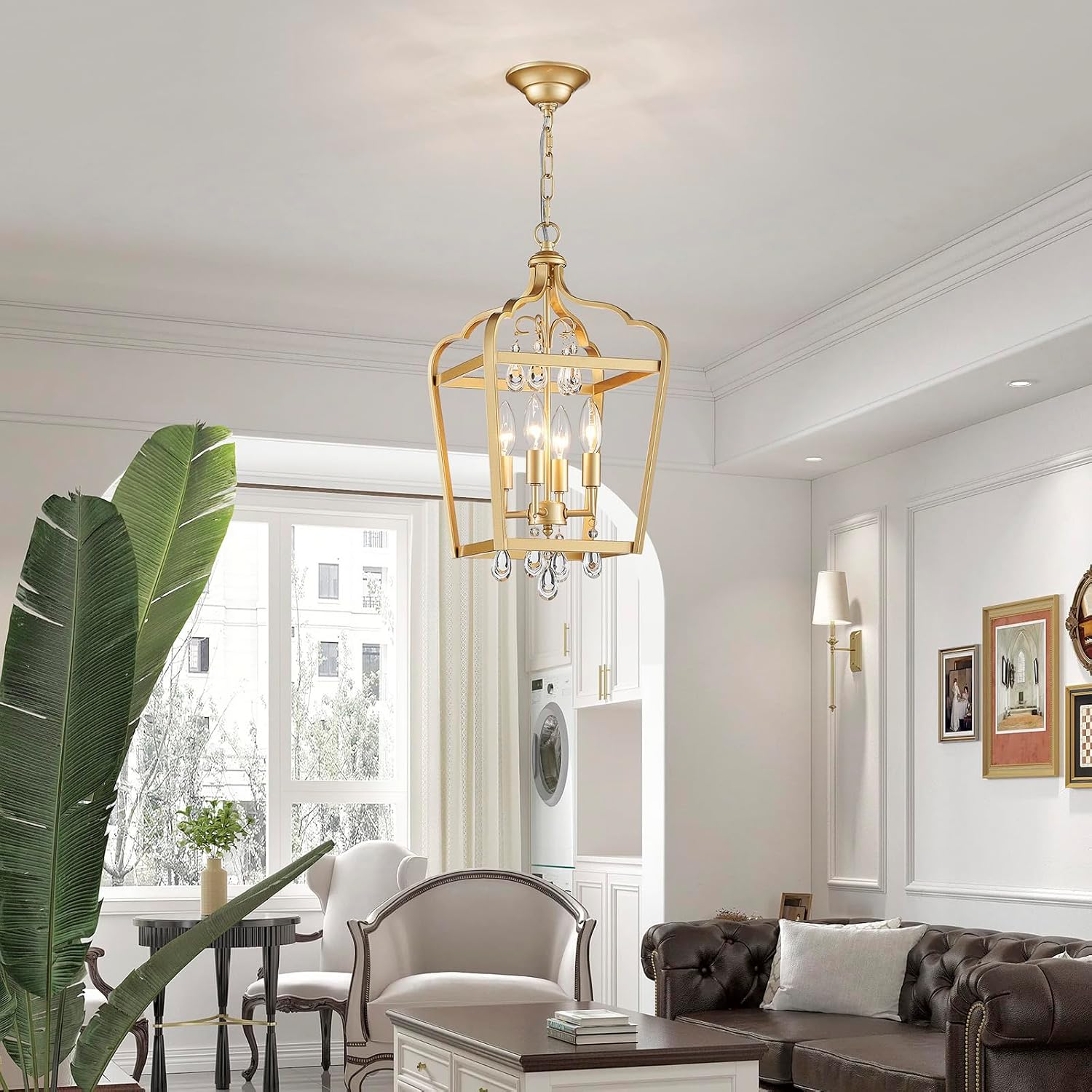 Gold Crystal Chandelier, 4-Light Modern Chandeliers for Dining Room Light Fixture Over Table Adjustable Height Hanging Farmhouse Pendant Light for Hallway Entryway Living Room Kitchen Island Bedroom