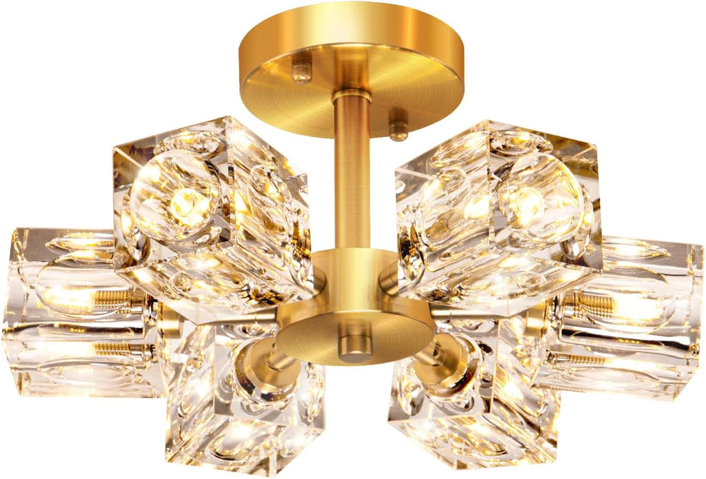 Semi Flush Mount Ceiling Light Fixture Modern 6 Lights Gold Crystal Chandelier,Brushed Nickel Sputnik Chandeliers for Hallway Entryway Bedroom Dining Room Farmhouse Kitchen Office