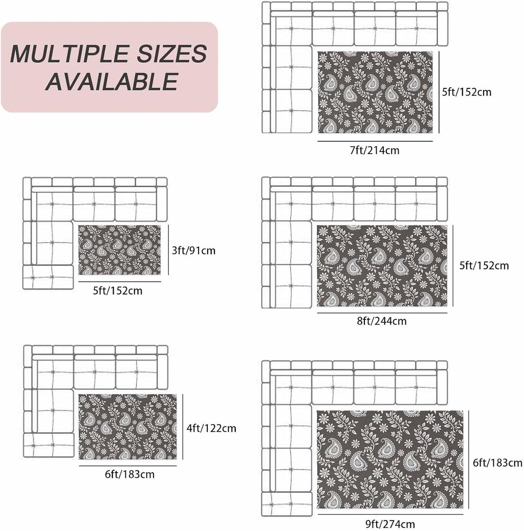 Grey Paisley Outdoor Rug for Patio/Deck/Porch, Non-Slip Large Area Rug 5 x 8 Ft, Ethnic Vintage Floral Botanical Abstract Indoor Outdoor Rugs Washable Area Rugs, Reversible Camping Rug Carpet Runner