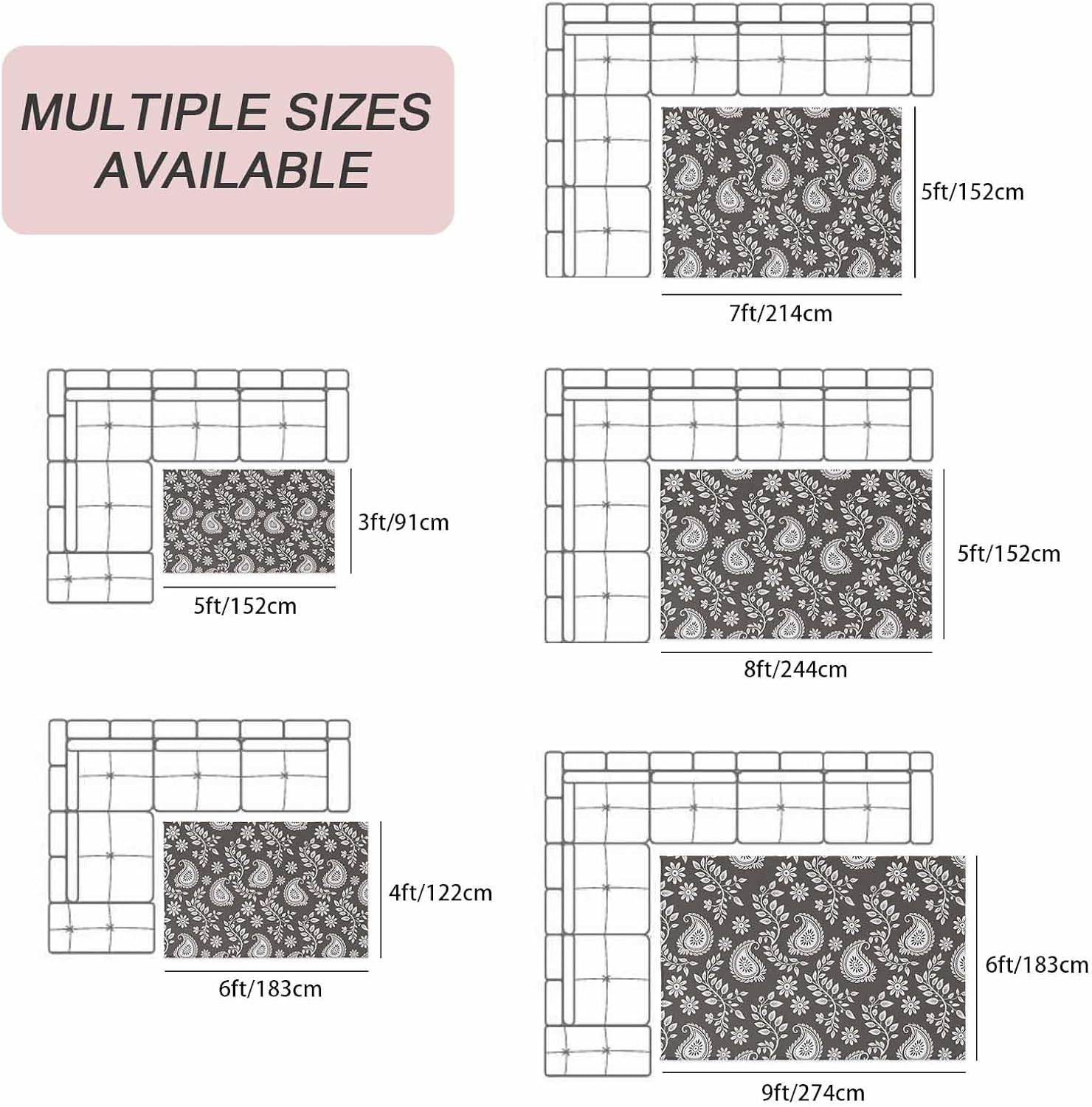 Grey Paisley Outdoor Rug for Patio/Deck/Porch, Non-Slip Large Area Rug 5 x 8 Ft, Ethnic Vintage Floral Botanical Abstract Indoor Outdoor Rugs Washable Area Rugs, Reversible Camping Rug Carpet Runner