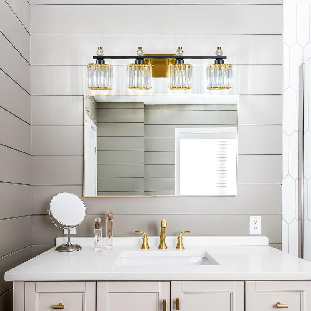 Vanity Lights 4-Light Modern Crystal Vanity Light Black Gold Bathroom Light Fixtures Over Mirror Crystal Bathroom Vanity Lighting Fixtures