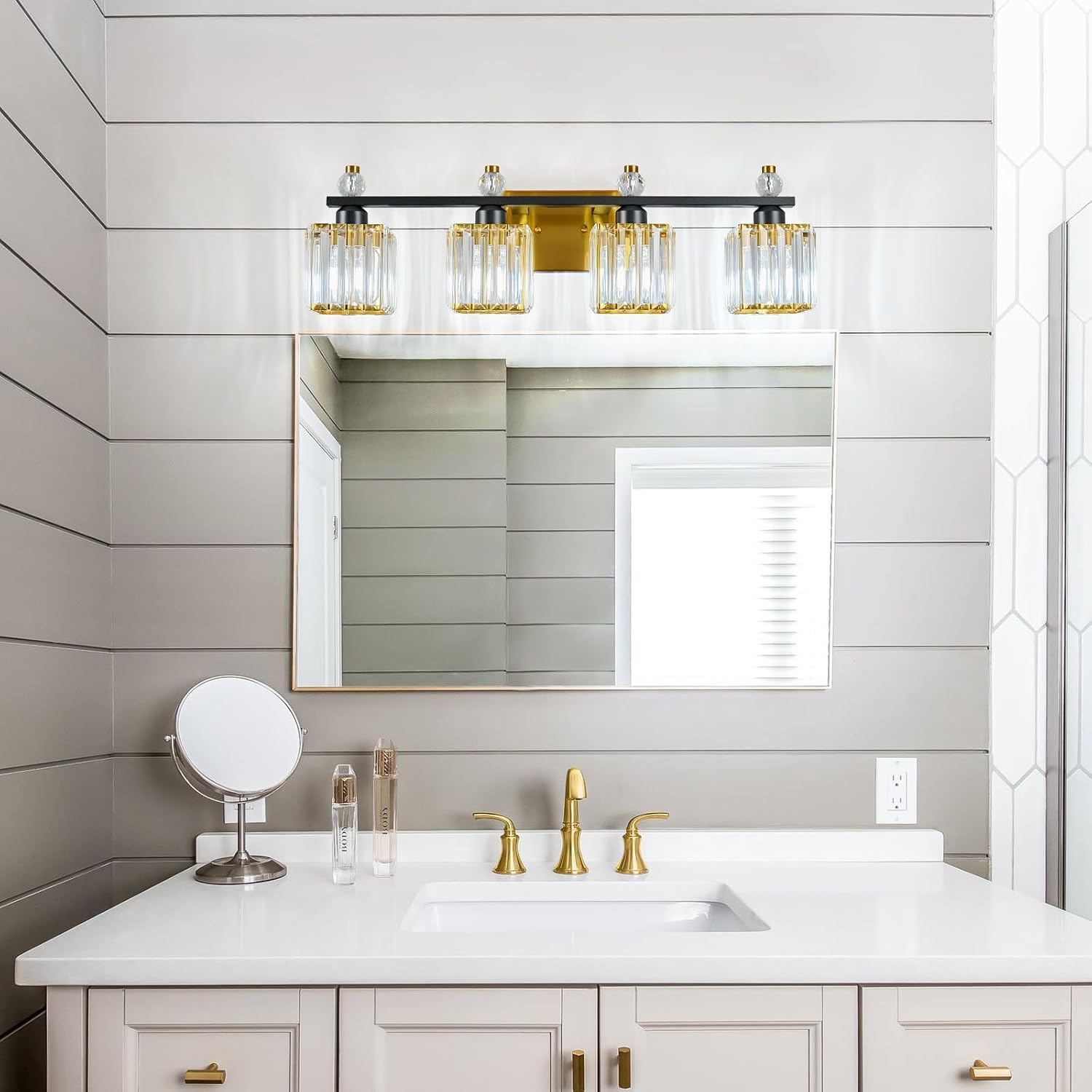 Vanity Lights 4-Light Modern Crystal Vanity Light Black Gold Bathroom Light Fixtures Over Mirror Crystal Bathroom Vanity Lighting Fixtures