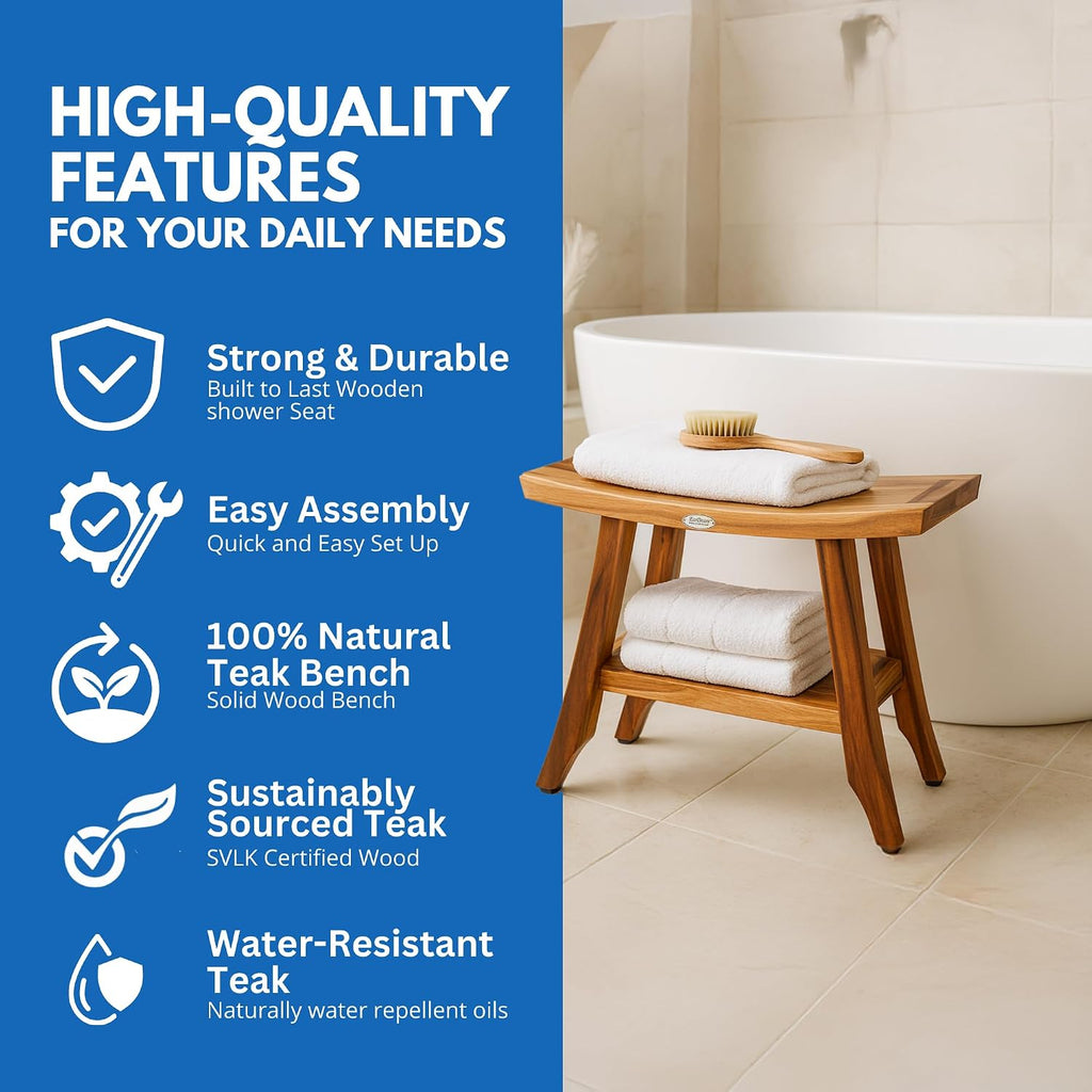 EcoDecors, 24 inch, Brown, Teak Shower Bench, Teak Bench Shower, Teak Shower Bench for Inside Shower, Teak Bathroom Bench, Teak Wood Shower Bench