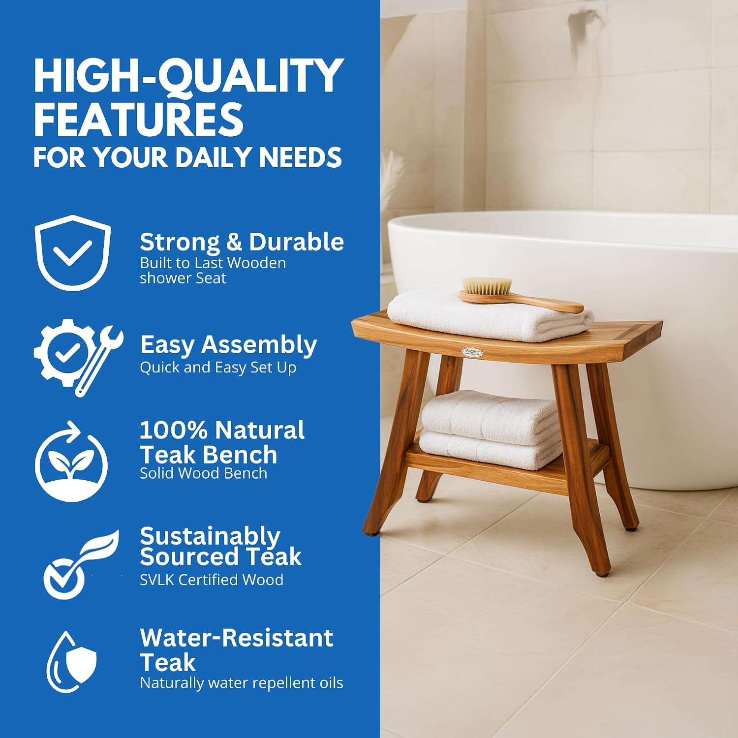 EcoDecors, 24 inch, Brown, Teak Shower Bench, Teak Bench Shower, Teak Shower Bench for Inside Shower, Teak Bathroom Bench, Teak Wood Shower Bench