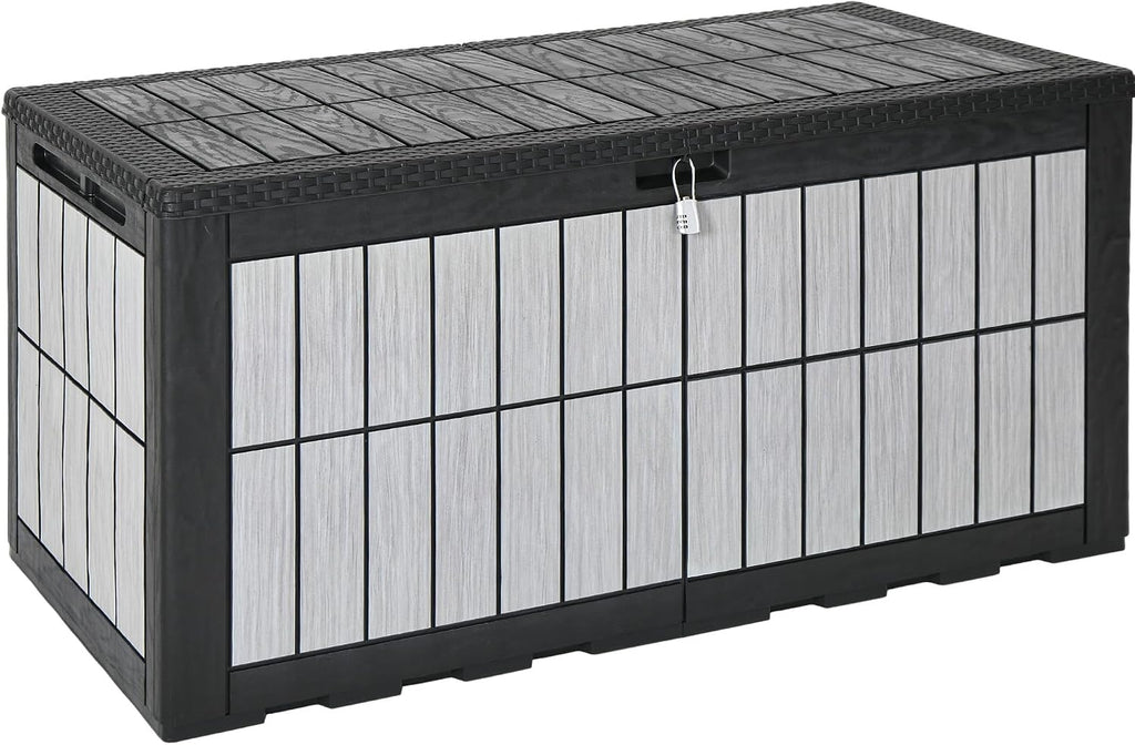 YITAHOME 134 Gallon Large Deck Box, Waterproof Resin Outdoor Storage Box with Lock, Doubles as Bench Seating for Patio Furniture Cushions,Garden Tools & Pool Accessories, Black & Wood-Grain Gray