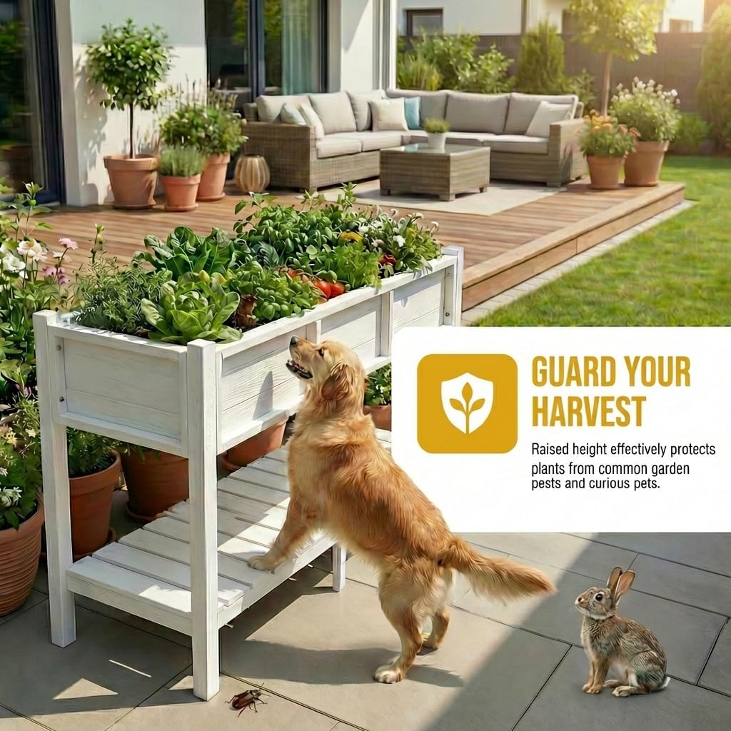 DWVO 48x18x30in Raised Garden Bed HDPE, Poly Wood Planter Box Stand,Weather-Resistant Planter Box with Legs & Storage Shelf, Elevated Garden Bed for Backyard, Patio, Balcony, White