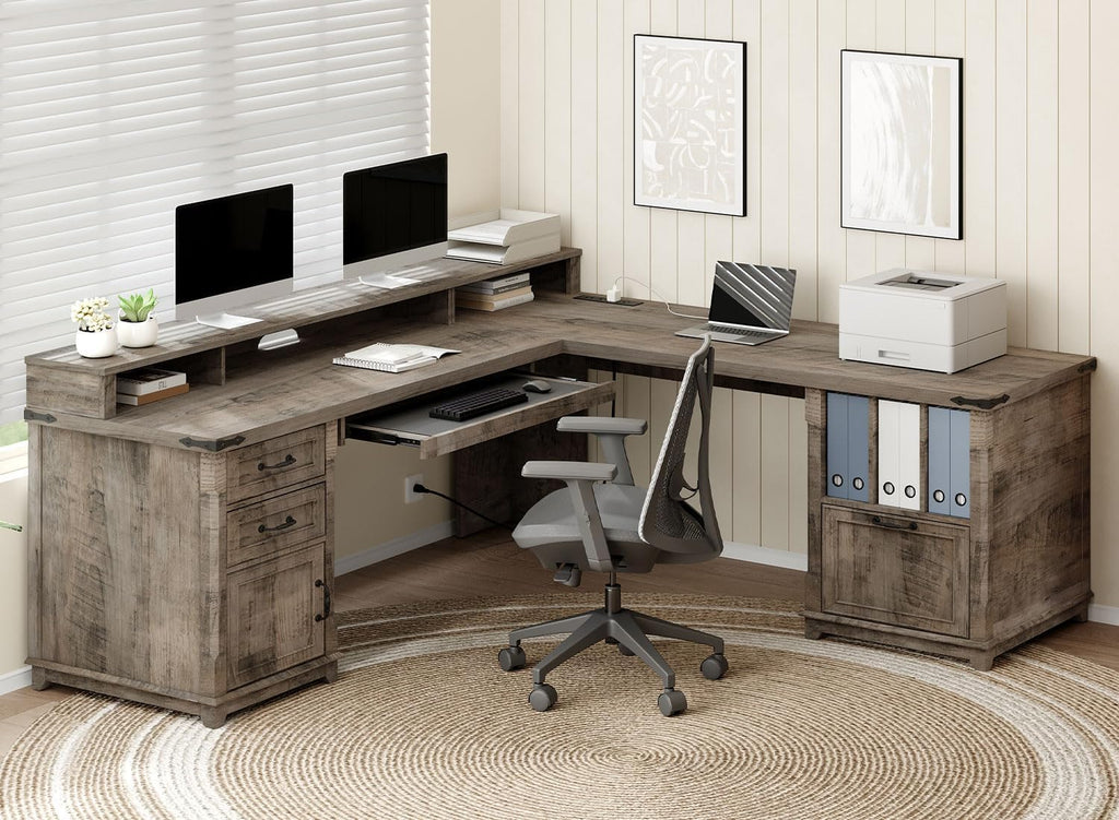 RALGEND Farmhouse 69' Executive L Shaped Desk with Drawer, Home Office Desk with Charging Station, Corner Computer Desk with Monitor Stand, File Drawer, Storage Cabinet, Greige