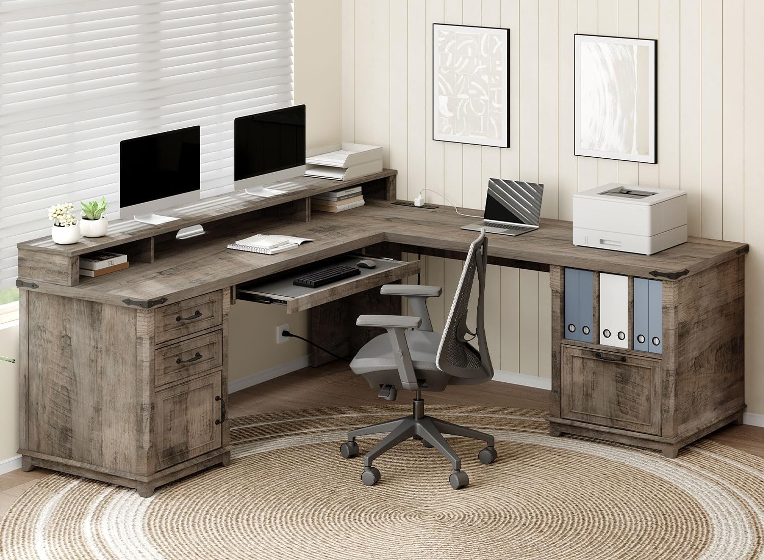 RALGEND Farmhouse 69' Executive L Shaped Desk with Drawer, Home Office Desk with Charging Station, Corner Computer Desk with Monitor Stand, File Drawer, Storage Cabinet, Greige