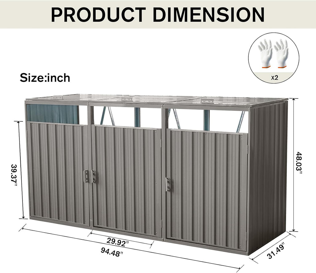 Outdoor Trash Can Storage Shed, Metal Trash Can Enclosure for 3 Trash Cans, Garbage Can Holders for Outside, Garbage Bin Storage Shed for Garden Yard Lawn (8 FT, Light Gray)