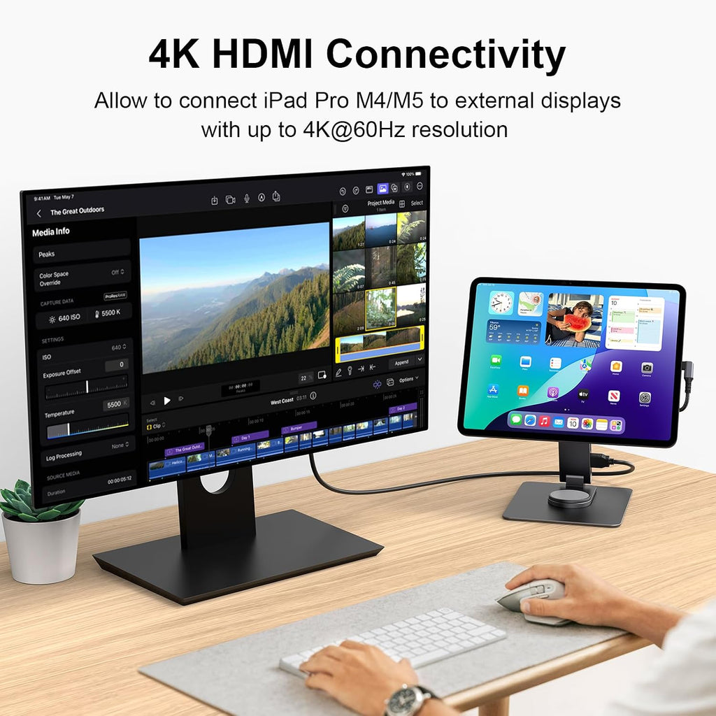iPad Pro 13-inch(M4/M5 Magnetic Stand Hub, Foldable Stand Dock Holder for iPad Pro M4&M5 with 360° Rotation, 4K HDMI, Card Readers, USB3.0 5Gbps, 100W PD, 3.5mm Audio (M4&M5-13inch)