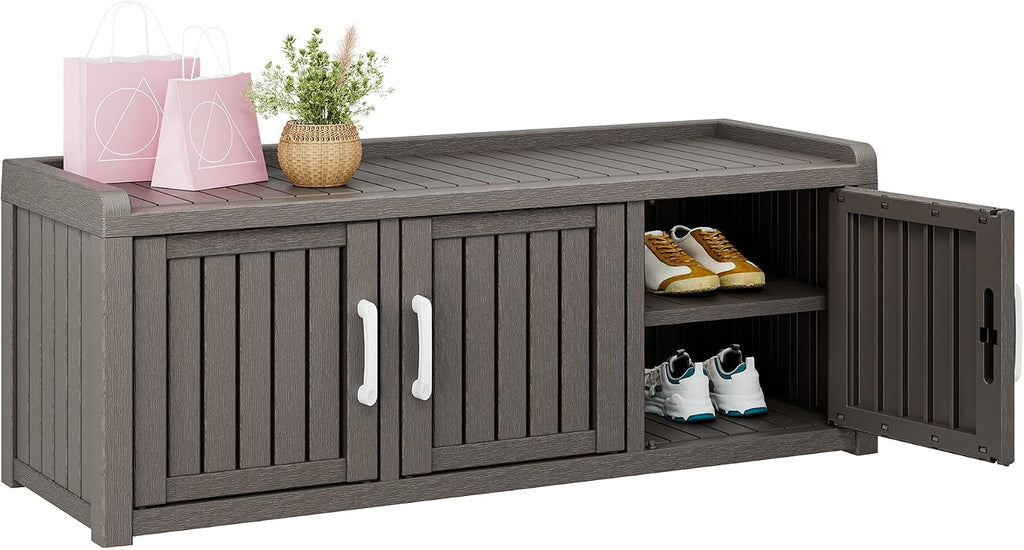 Bifanuo Shoe Storage Cabinet, 3 Door Outdoor Storage Bench with Adjustable Shelves, Waterproof UV-Resistant for Hallway, Living Room, Entryway, Large Capacity Modern Organizer (Grey)