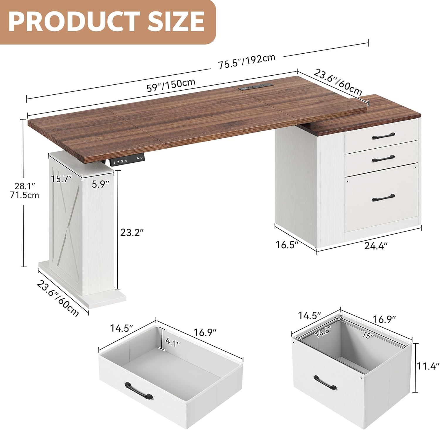 75.5 Inches Electric Standing Desk with Drawers Farmhouse Sit Stand Desk with Storage Adjustable Height Computer Desk with Power Outlets Printer Space for Home Office White and Walnut