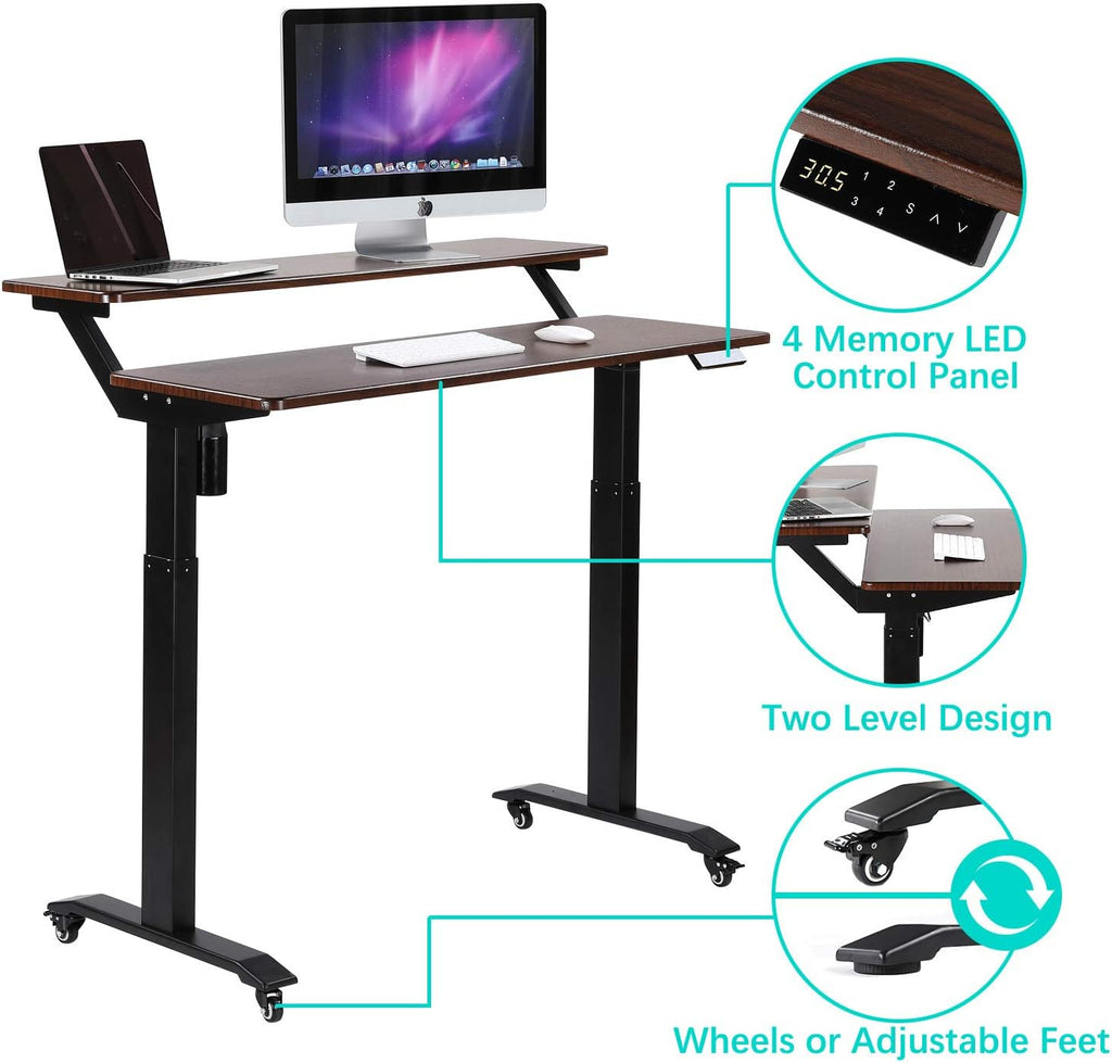 UNICOO Electric Height Adjustable 2-Tier Raising Desk with Wheels, Mobile Standing Desk with Monitor Stand, Ergonomic Adjustable Computer Table, Electric Standing Game Table for Home Office