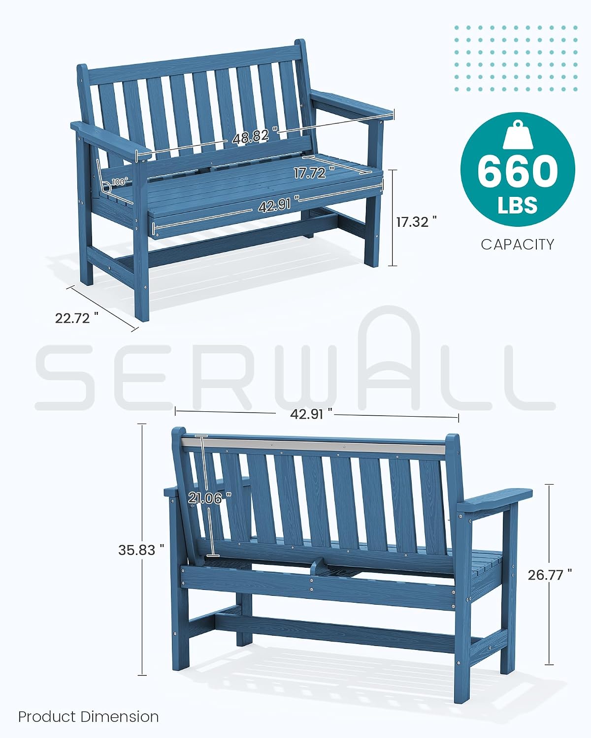 SERWALL HDPE Outdoor Benches Weatherproof, 2-Person Garden Bench with 660 lbs Weight Capacity, Patio Benches for Outdoors, Garden, Porch, Park, Navy, 2 Pack