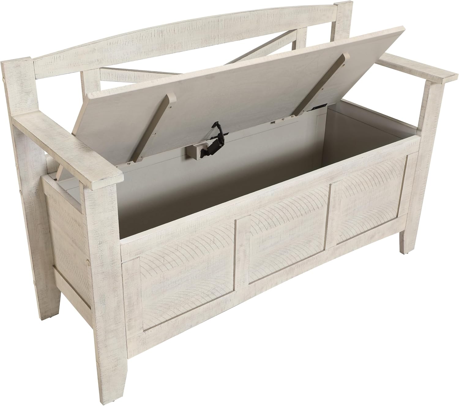 OSP Home Furnishings Metro Entry Way Storage Bench with X-Back, Distressed White Finish