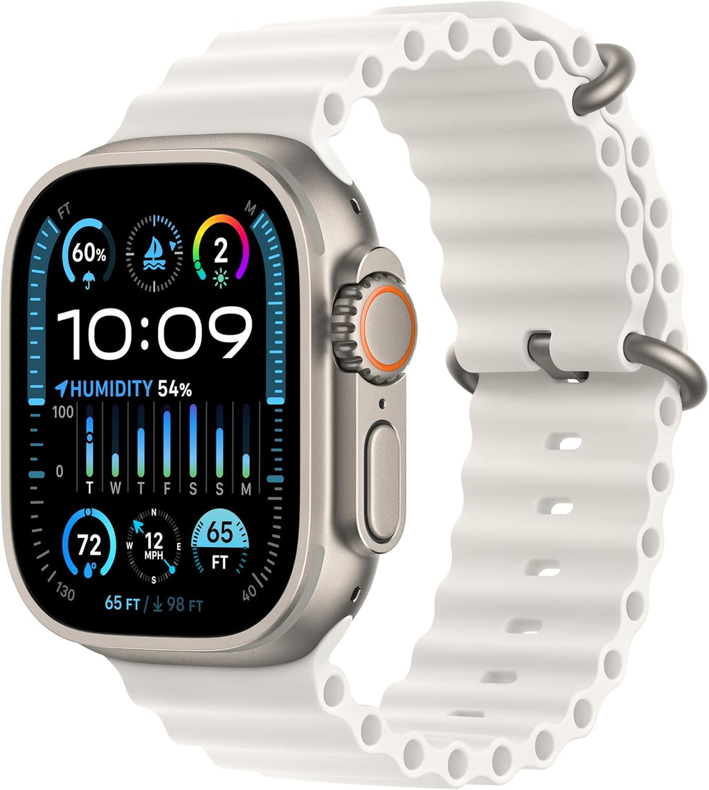 Apple Watch Ultra 2 [GPS + Cellular 49mm] Smartwatch with Rugged Titanium Case & White Ocean Band One Size. Fitness Tracker, Precision GPS, Action Button, Extra-Long Battery Life