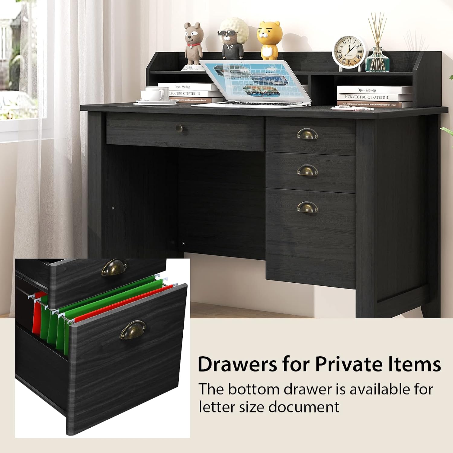 48' Vintage Computer Desk with 4 Storage Drawers & Top Hutch, Home Office Workstation with Drawer & Monitor Stand, Wooden Study Work Writing Table (Black)