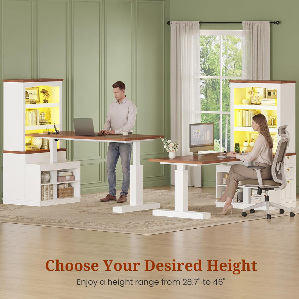 UPOSOJA Farmhouse Standing Desk Adjustable Height with 3-Tier Bookcase, 55' Executive Electric Office Desk, Sit Stand Computer Desk with Storage Shelves, File Drawers, Power Outlets, Led Light, White