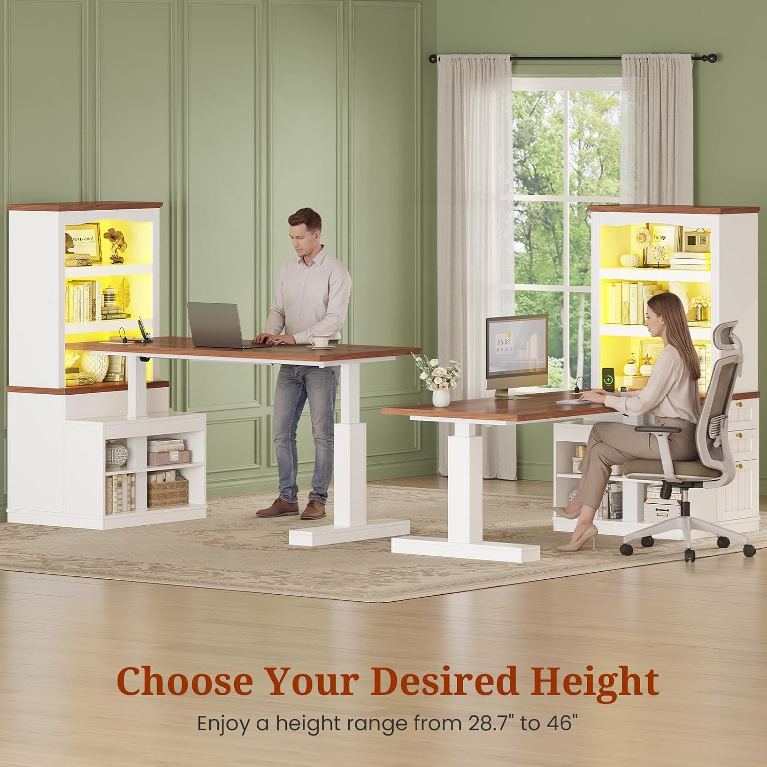 UPOSOJA Farmhouse Standing Desk Adjustable Height with 3-Tier Bookcase, 55' Executive Electric Office Desk, Sit Stand Computer Desk with Storage Shelves, File Drawers, Power Outlets, Led Light, White