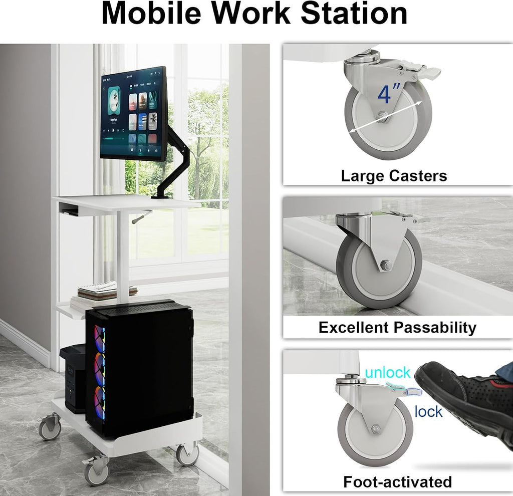 Natwind Mobile Workstation Cart with Monitor Mount,Height Adjustable Rolling Computer Cart, Heavy-Duty Rolling Standing Desk with CPU Holder for Home Office, School,Warehouse, Medical, Workshop