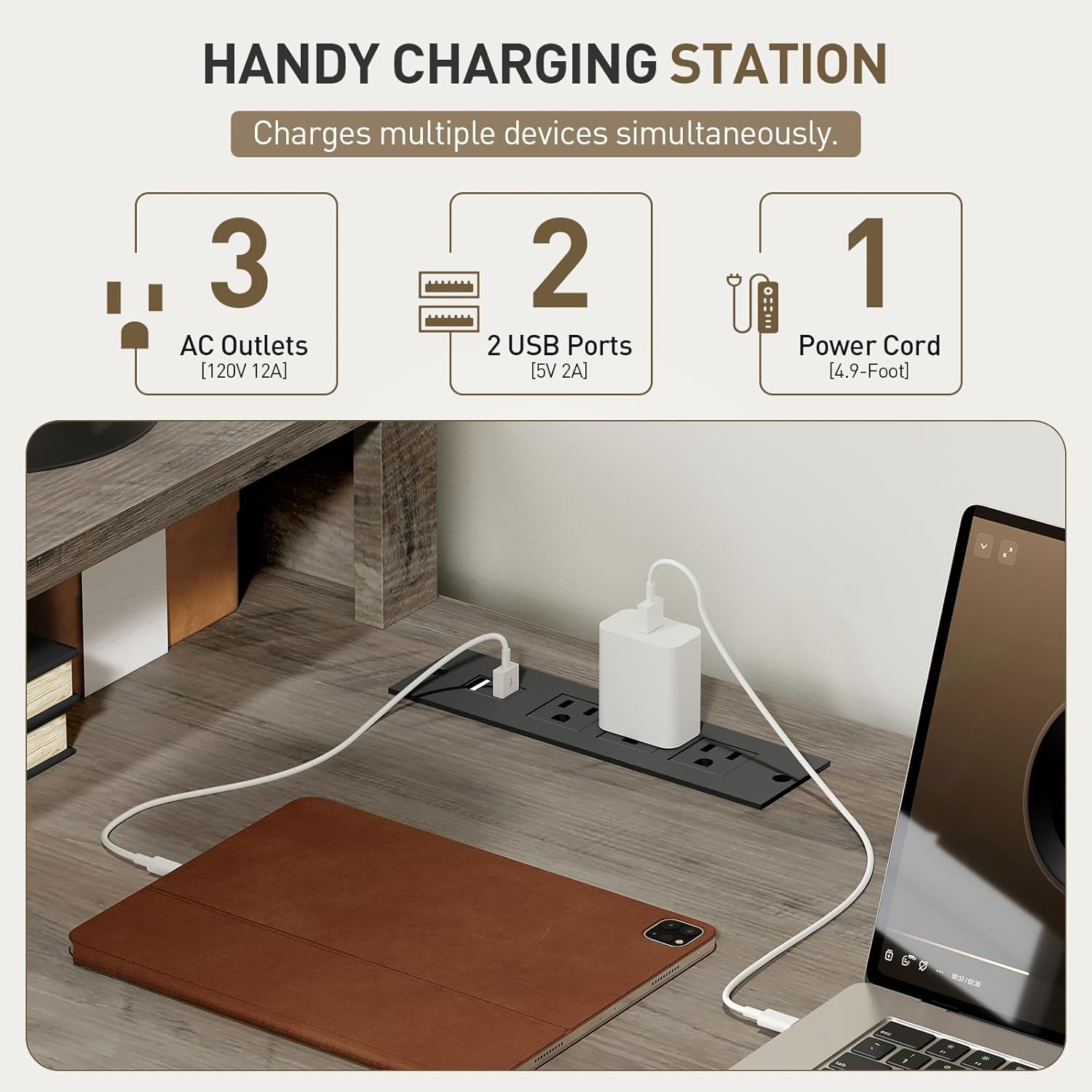 RALGEND Farmhouse 69' Executive L Shaped Desk with Drawer, Home Office Desk with Charging Station, Corner Computer Desk with Monitor Stand, File Drawer, Storage Cabinet, Greige