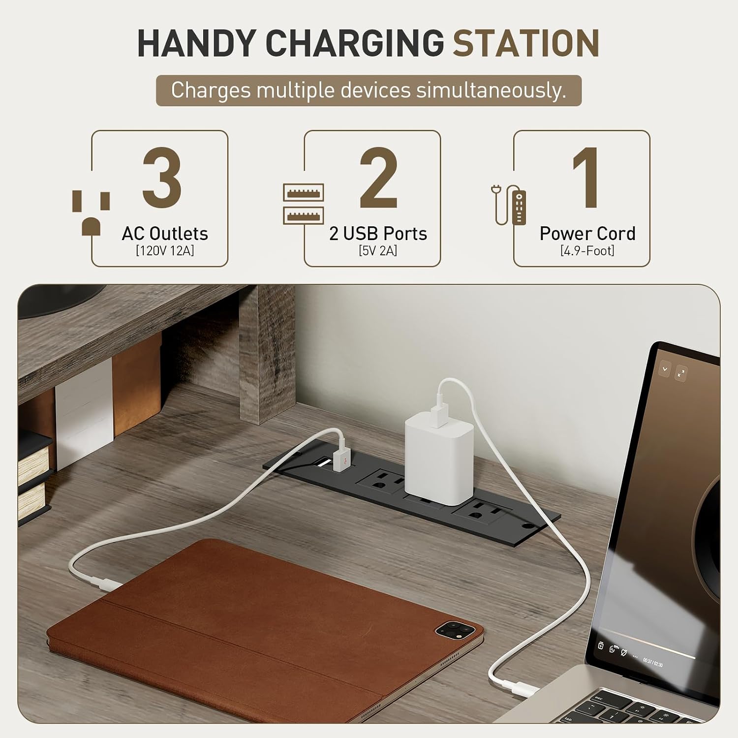 RALGEND 2 Pack Farmhouse 69' Executive L Shaped Desk with Drawer, Home Office Desk with Charging Station, Corner Computer Desk with Monitor Stand,Drawer,Storage Cabinet, Greige