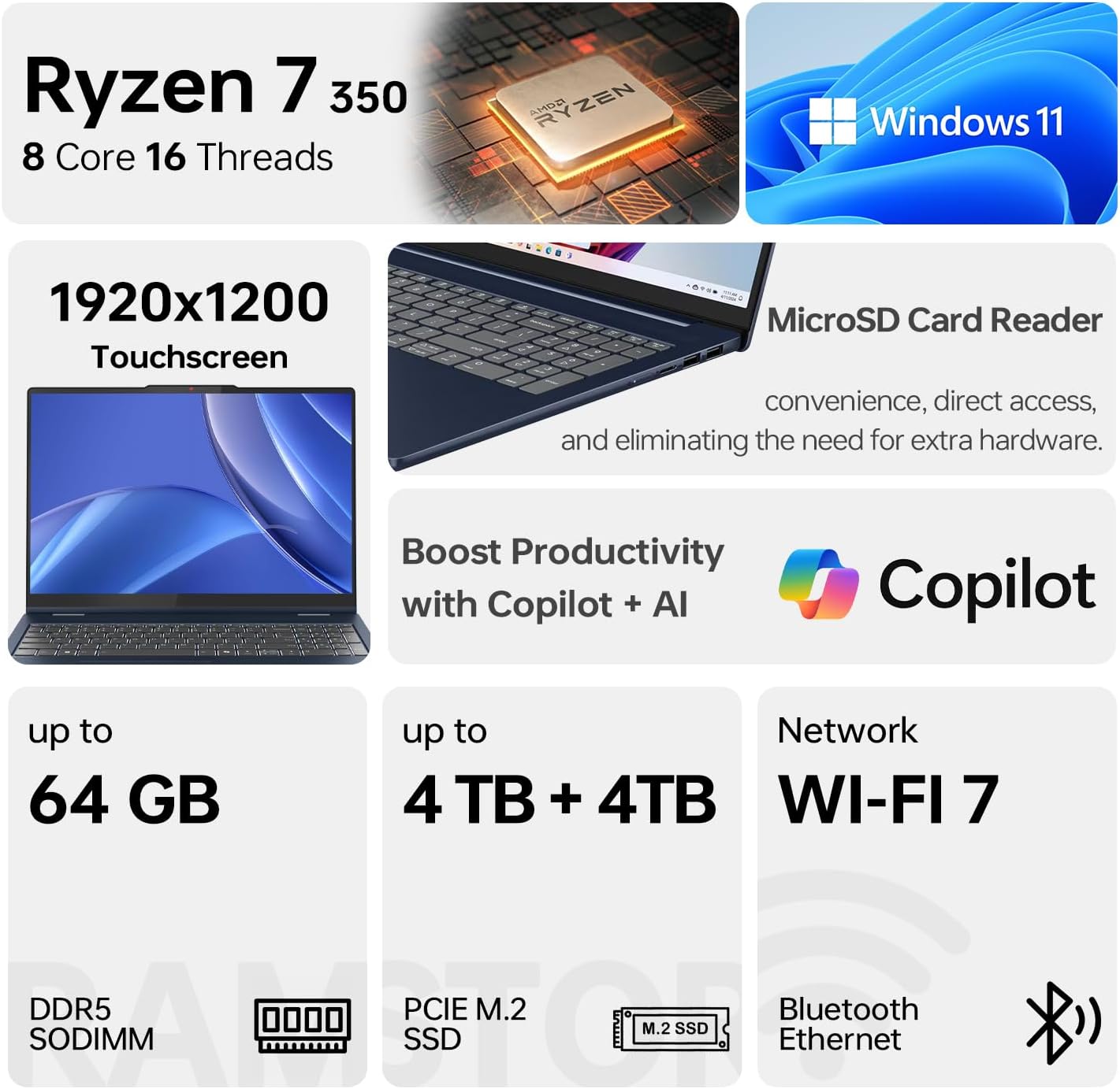 Lenovo IdeaPad Slim 5 Laptop, 16' FHD+ Touchscreen, Ryzen 7 350 (4nm, 16 Threads, Up to 5GHz, Beats Ultra 7 155U), 64GB RAM, 2TB SSD, Wi-Fi 7, W11H, Copilot AI PC, Blue, Bundle with PCO Laptop Cooler
