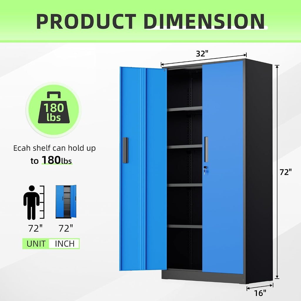Bonusall 72' Metal Garage Storage Cabinet, 2 Locking Doors & 4 Adjustable Shelves Tall Storage, Heavy Duty Steel Tool Cabinet for Home, Office, Warehouse, School - Black Blue