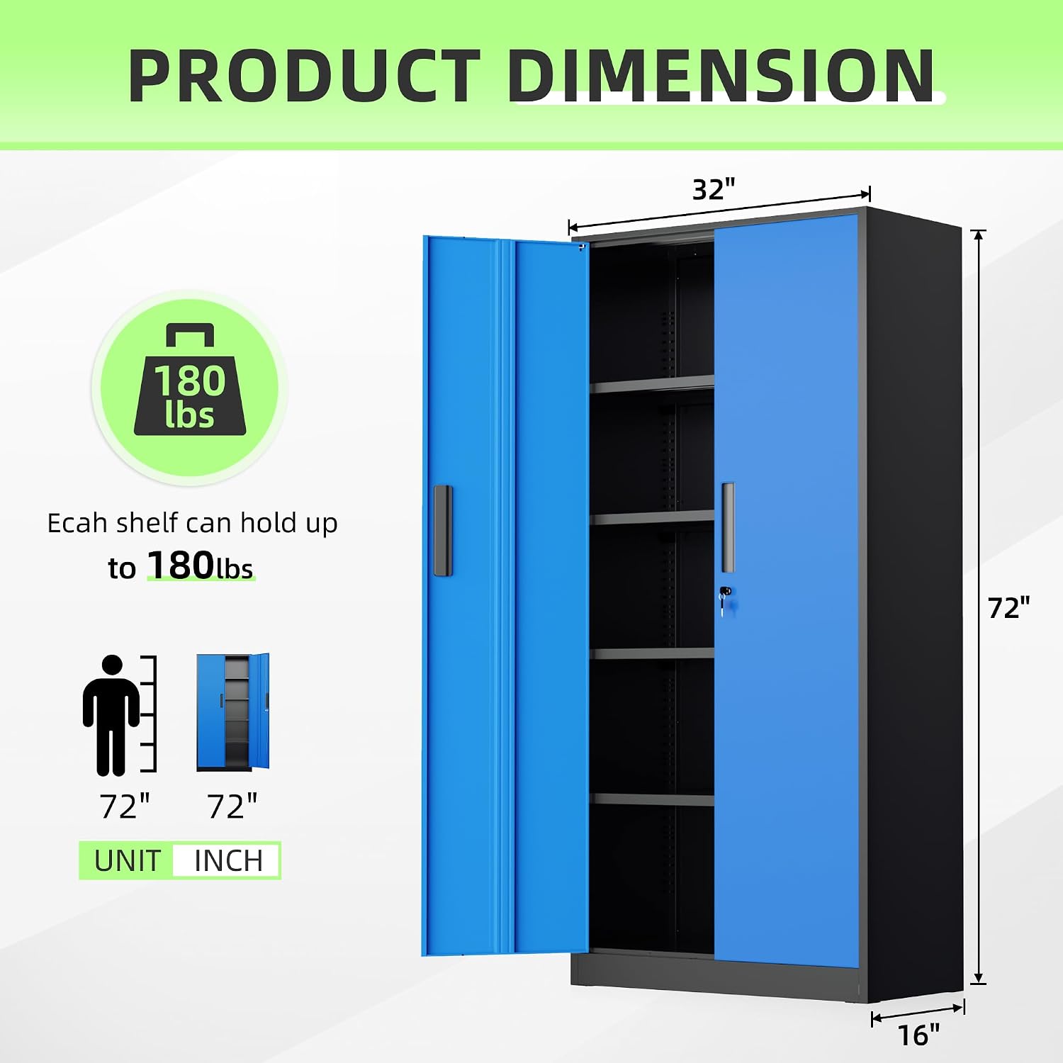 Bonusall 72' Metal Garage Storage Cabinet, 2 Locking Doors & 4 Adjustable Shelves Tall Storage, Heavy Duty Steel Tool Cabinet for Home, Office, Warehouse, School - Black Blue