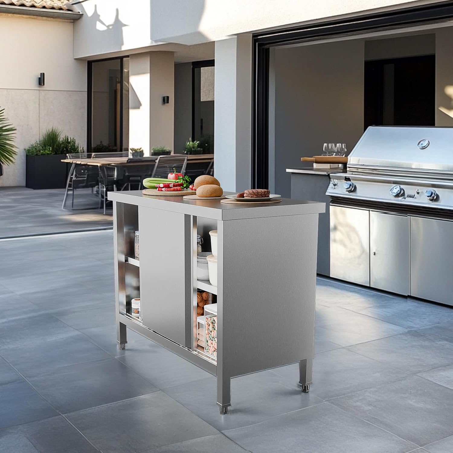 ROVSUN Stainless Steel Table with Cabinet 39 x 19 inches, NSF Commercial Heavy Duty Prep & Work Table with 2 Sliding Doors for Kitchen, Restaurant, Home, Hotel, Garage, Laundry