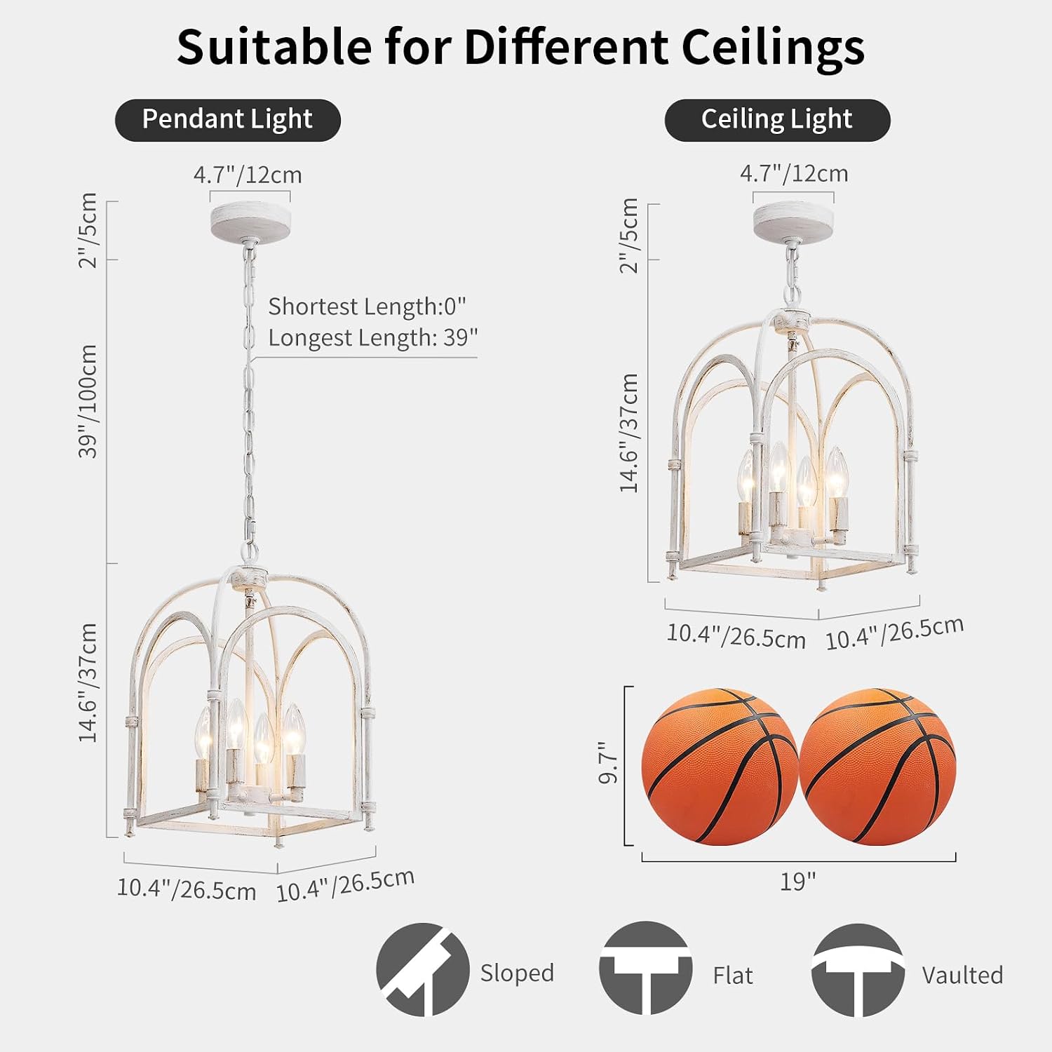 4-Light Chandeliers, Farmhouse White Chandelier for Dining Room Light Fixtures, Lantern Metal Kitchen Pendant Light Fixtures, Rustic Cage Chandelier for Bedroom Living Room Kitchen Island Hallway