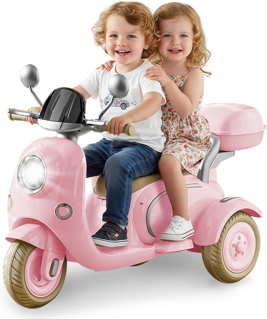 HEIMILI 12V 2-Seater Ride on Motorcycle for Kids, 3 Wheel Electric Motorbike with Dual 25W Motors, Toddler Moped Scooter with Bluetooth Music, Battery Powered Toy for Girls Boys 3-6 Years, Pink