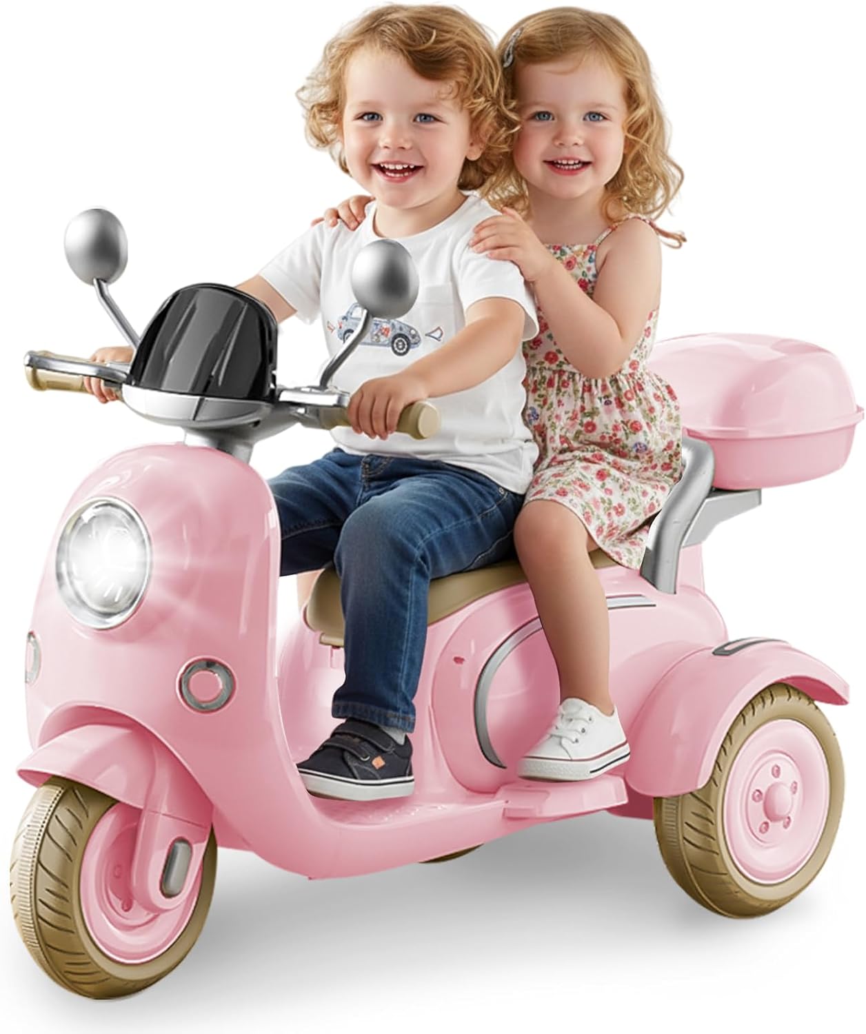 HEIMILI 12V 2-Seater Ride on Motorcycle for Kids, 3 Wheel Electric Motorbike with Dual 25W Motors, Toddler Moped Scooter with Bluetooth Music, Battery Powered Toy for Girls Boys 3-6 Years, Pink