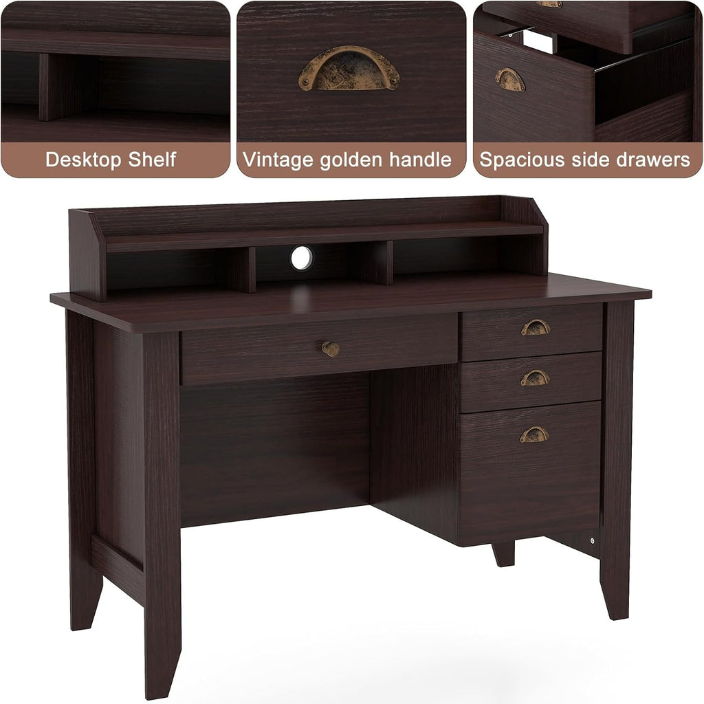 48' Vintage Computer Desk with 4 Storage Drawers & Top Hutch, Home Office Workstation with Drawer & Monitor Stand, Wooden Study Work Writing Table (Brown)