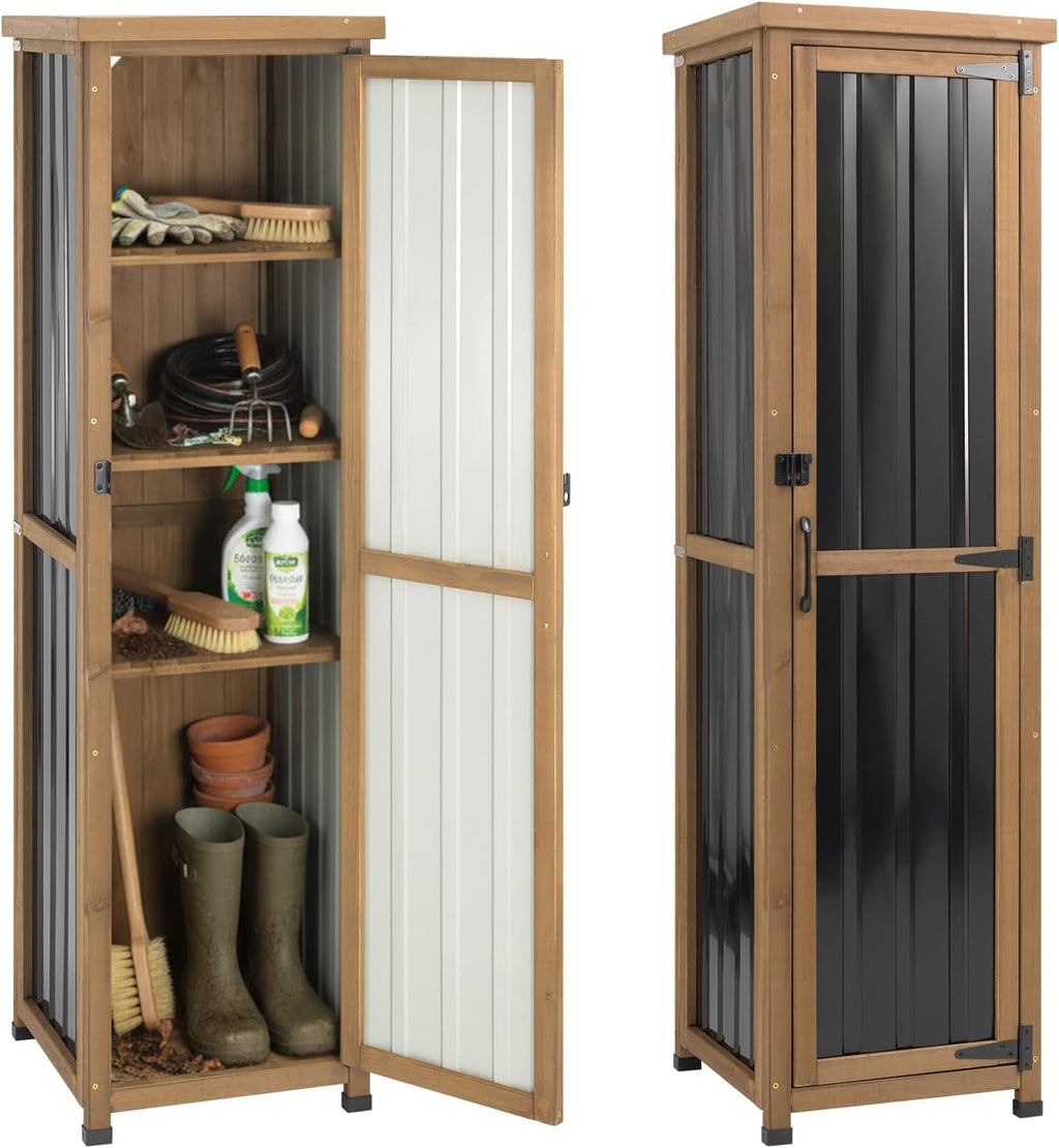 Outdoor Storage Cabinet Weatherproof, Tall Wood Garden Potting Bench Table with Removable Shelves, Metal Top, Outdoor Patio Cabinet Work Station for Tool Accessories,17.8''x17.8''x62''