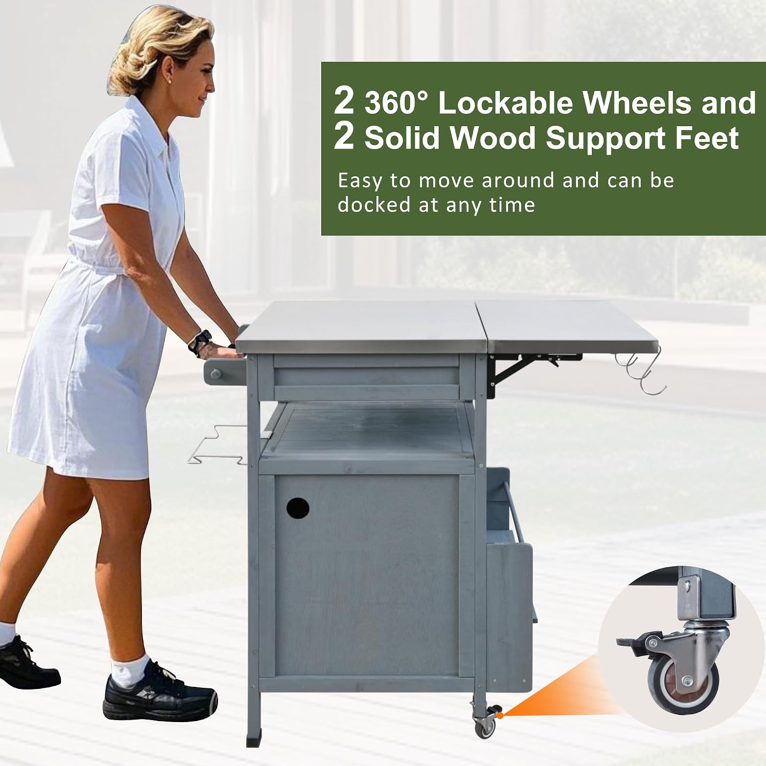 40.5' Outdoor Grill Cart with Stainless Steel Top, Solid Wood Outdoor Storage Cabinet with Drop Leaf, One Drawer, Towel Rack, Rolling Kitchen Cart with Lockable Wheels for Lawn Garden, Blue