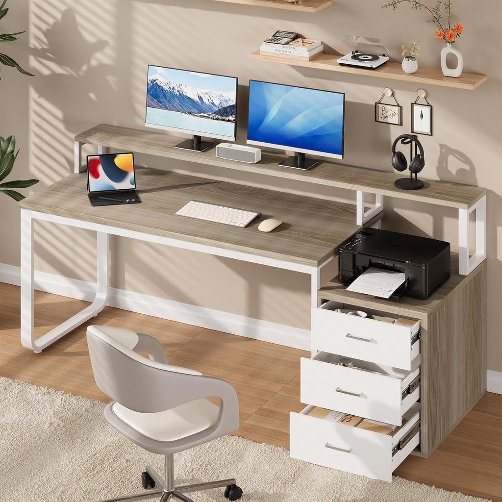 MaverickFurni 67' Home Office Desk with Drawers, Reversible Computer Desk with Moniter Stand and LED Lights, Long Desk with Printer Shelf, White and Walnut