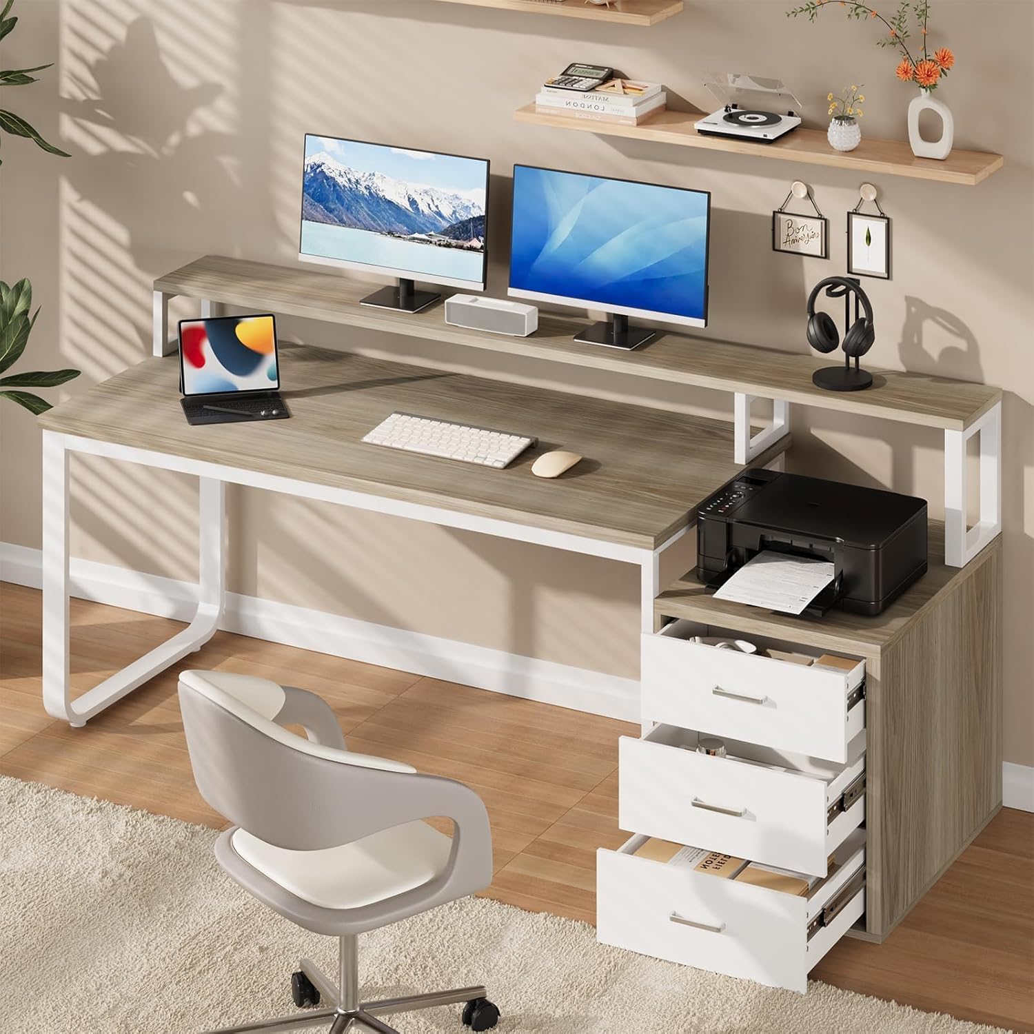 MaverickFurni 67' Home Office Desk with Drawers, Reversible Computer Desk with Moniter Stand and LED Lights, Long Desk with Printer Shelf, White and Walnut