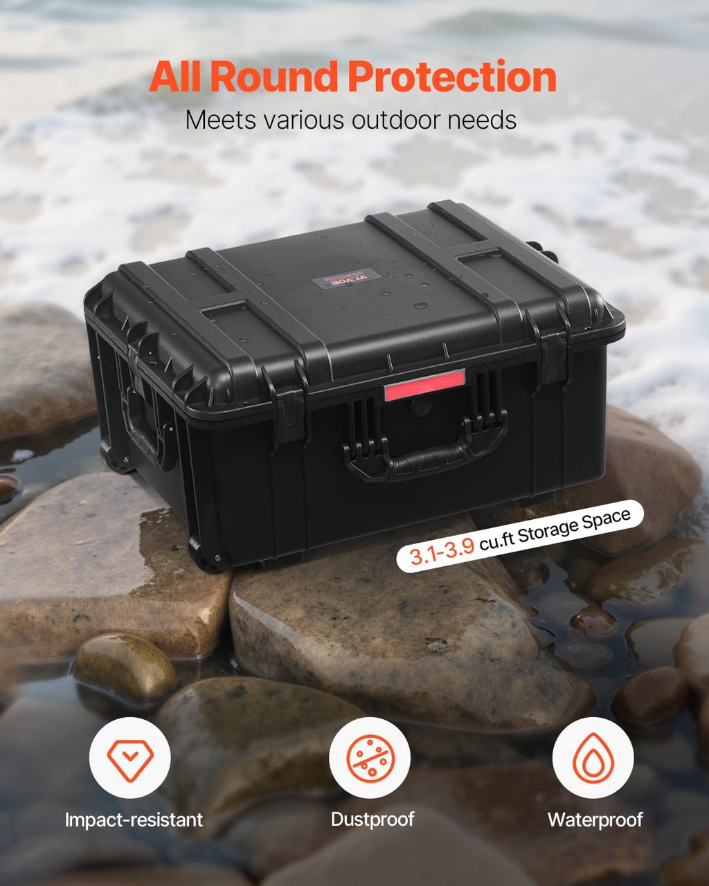 VEVOR Weatherproof Hard Case, Heavy Duty Protective Dry Box Case with Pre-Cut Foam, Wheel Retractable Pull Handles for Travel, Hunt, Military, Tactical, IP67 Waterproof Case for Camera(24.8*19.7*12.5)