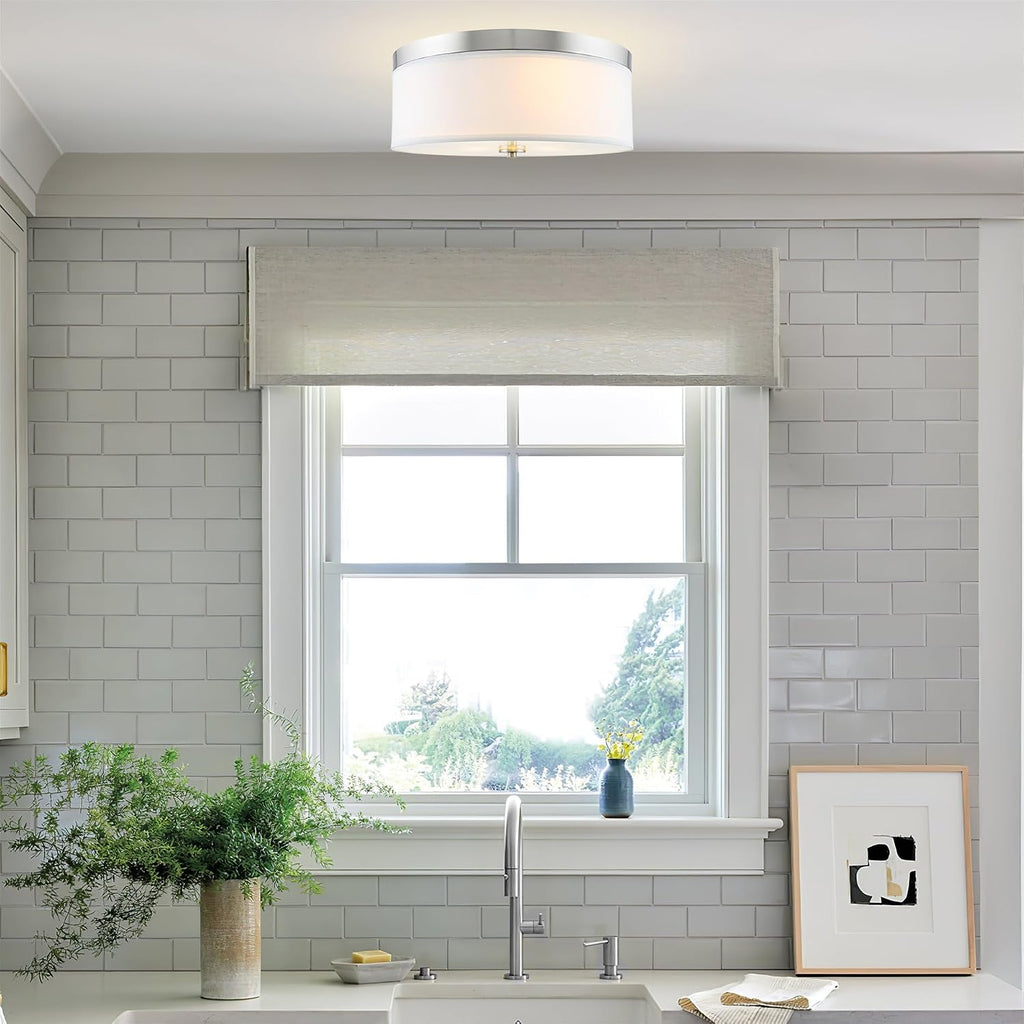 Kira Home Walker 20' Large Mid-Century Modern 3-Light Flush Mount Ceiling Light, White Fabric Shade + Round Glass Diffuser, Brushed Nickel Finish