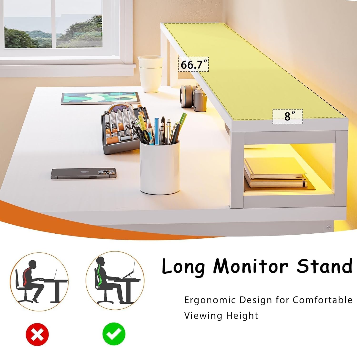 HOMBCK 67' Computer Desk with 3 Drawers, Home Office Desk with Long Monitor Stand and Printer Space, Office Desk with Storage & LED Lights, Writing Desk with Drawers, White