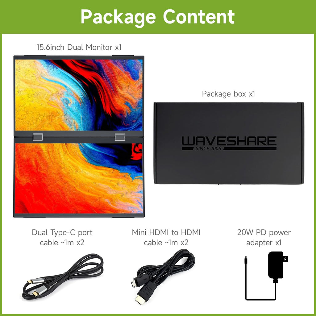 Waveshare 15.6inch Dual-Screen Stacked Portable Monitor Dual-1080p Foldable Extender Screen 100%SRGB 178° Viewing Angle With Gravity Sensor Hi-Fi Speaker Support Multi Display Modes for Windows/MacOS