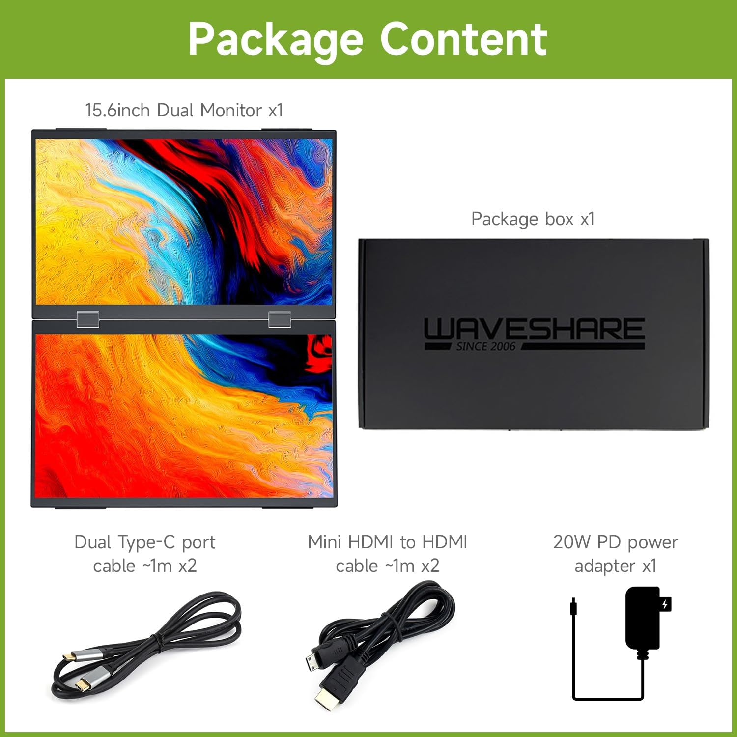 Waveshare 15.6inch Dual-Screen Stacked Portable Monitor Dual-1080p Foldable Extender Screen 100%SRGB 178° Viewing Angle With Gravity Sensor Hi-Fi Speaker Support Multi Display Modes for Windows/MacOS