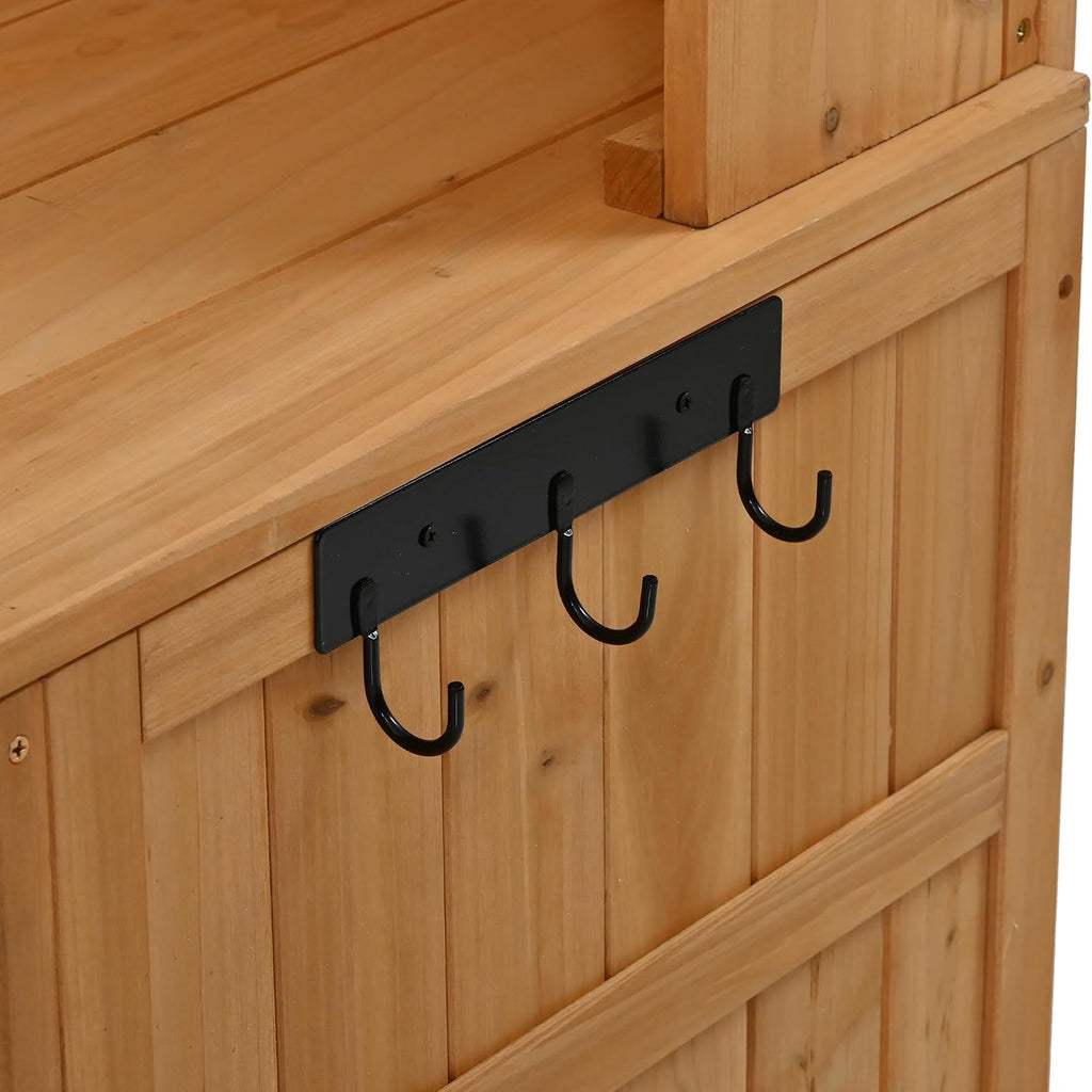 45.3''L Large Fir Wood Potting Bench, Counter Height Outdoor Patio Kitchen Island with Large Countertop, Hutch, Cabinets, Drawers & Hooks, Adjustable Shelf, Wavy Decoration Roof (Natural Wood/103)
