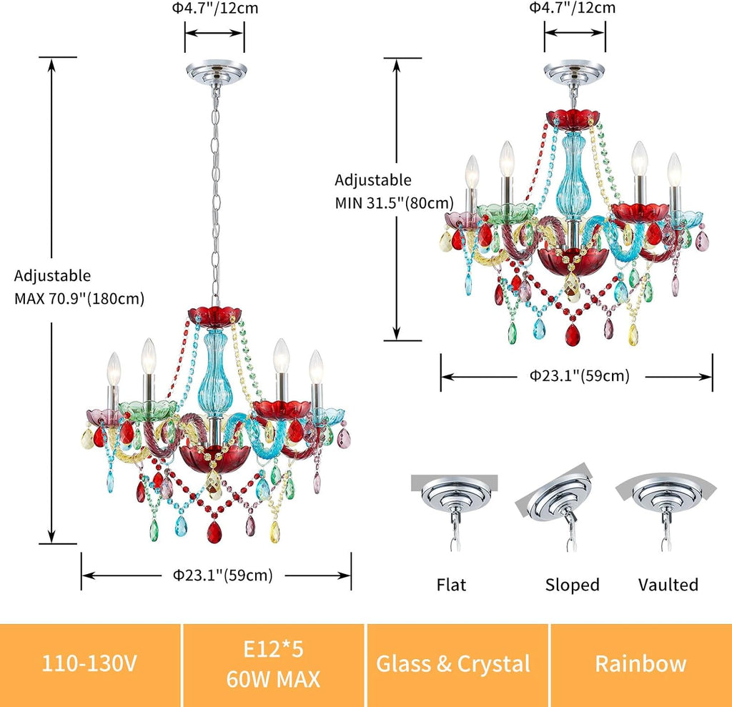 5-Lights Children Chandeliers, Modern Candy Design, Colorful Crystal Chandeliers for Bedroom, Dining Room, D22.8'' × H33.5'', Adjustable Height (33.5'~70.9'), Youth Color & Chrome Finish Frame