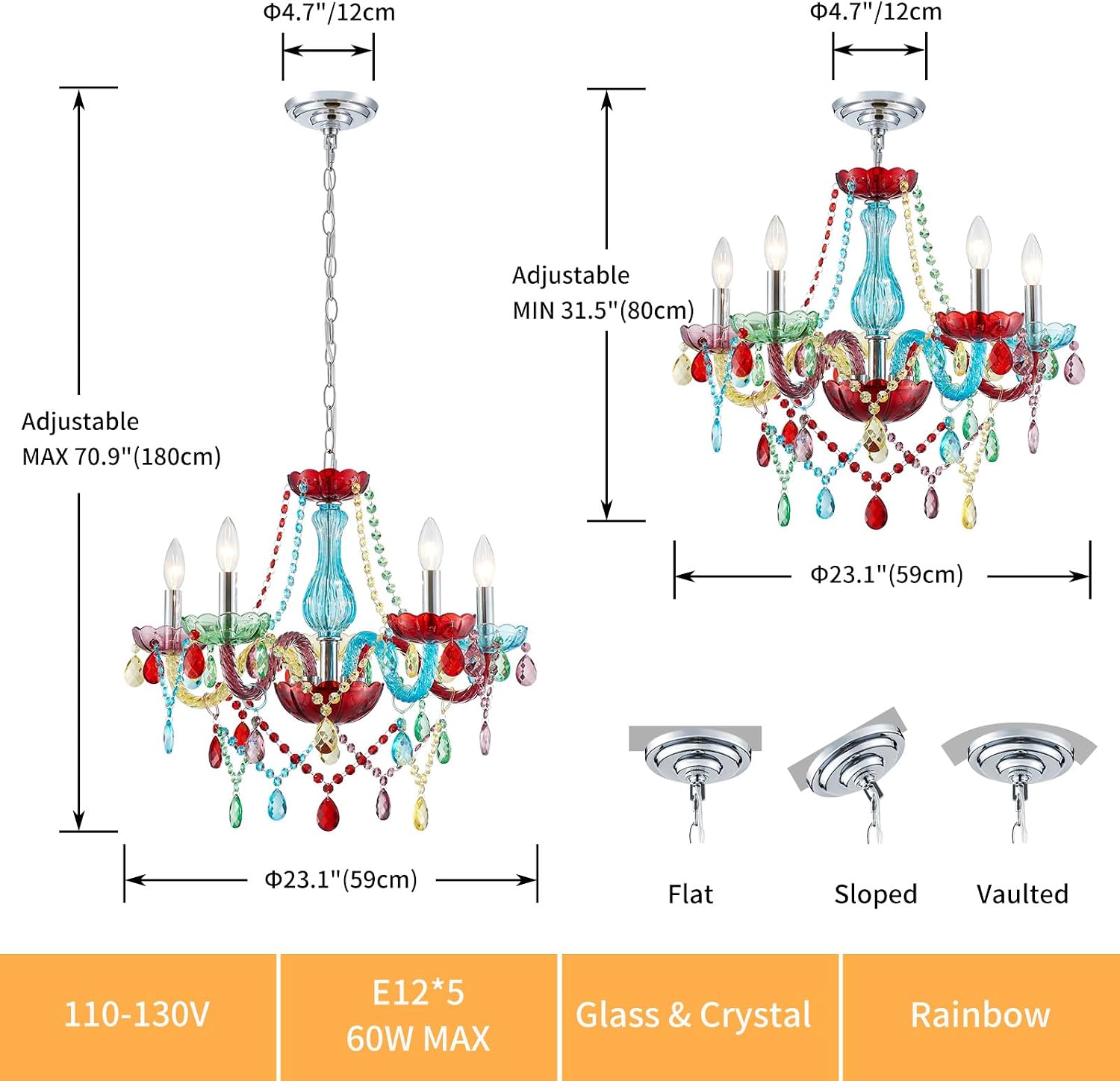 5-Lights Children Chandeliers, Modern Candy Design, Colorful Crystal Chandeliers for Bedroom, Dining Room, D22.8'' × H33.5'', Adjustable Height (33.5'~70.9'), Youth Color & Chrome Finish Frame