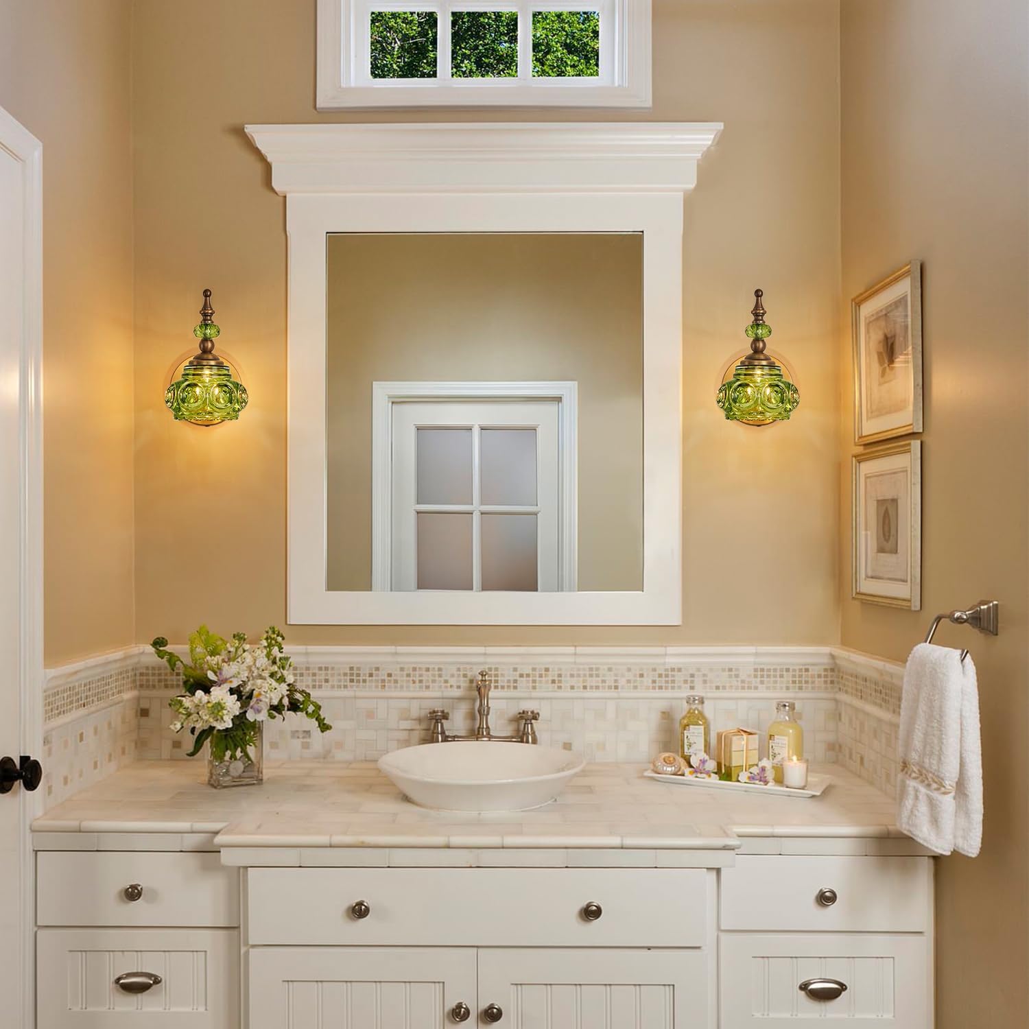 2-Pack Wall Sconces Green + Brass Bathroom Vanity Lighting Fixtures, Vintage Vanity Light Rust-Proof and Durable for Bedroom Living Room Hallway